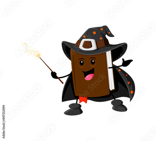 Cartoon Halloween school textbook mage, wizard and witch character in pointy hat, clutching magical wand. Isolated vector book personage ready to enchant readers with knowledge and spellbinding tales