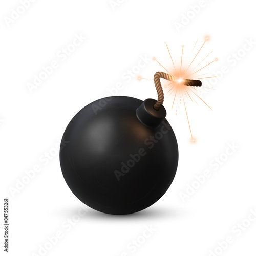 Realistic bomb with burning fuse emitting sparks and light, ready for explode. Isolated 3d vector explosive, spherical military tnt weapon with a lit wick creating a sense of imminent explosion