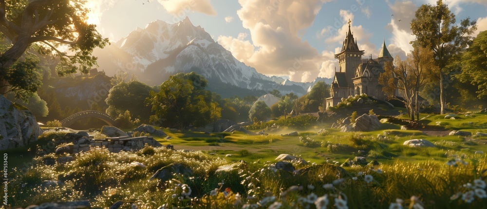 Fototapeta premium A magical medieval castle nestled in a lush valley, with a majestic mountain range in the background.