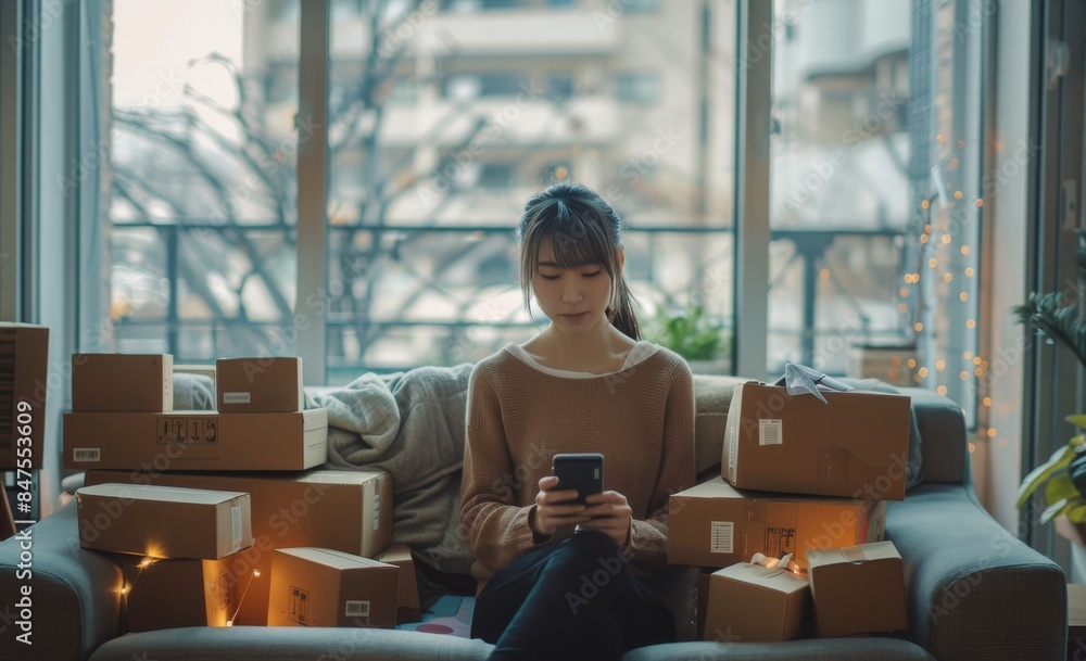 Woman Using Smartphone While Sitting on Couch in Front of Window Woman Using Smartphone While Sitting on Couch in Front of Window