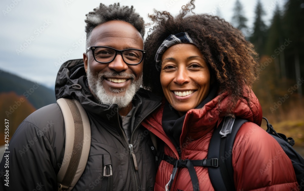 A man and woman are smiling for the camera. The man is wearing glasses and a backpack, while the woman is wearing a red jacket and a scarf. They seem to be enjoying a moment together A man and woman are smiling for the camera. The man is wearing glasses and a backpack, while the woman is wearing a red jacket and a scarf. They seem to be enjoying a moment together