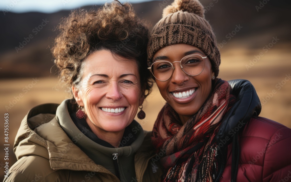 Two women smiling and wearing winter clothes. One of them is wearing a scarf. Scene is happy and warm Two women smiling and wearing winter clothes. One of them is wearing a scarf. Scene is happy and warm