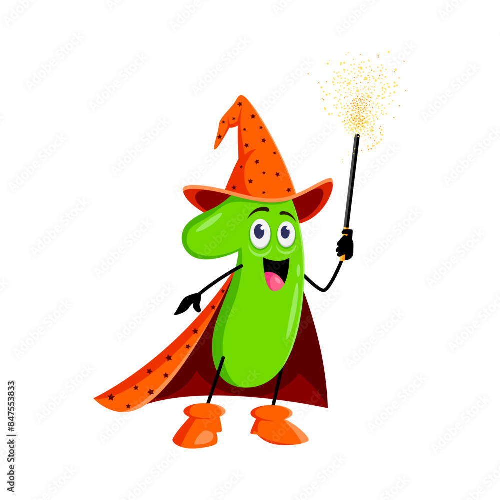 Naklejka premium Cartoon math number one Halloween wizard, witch and mage character. Isolated vector numeric 1 whimsical personage wielding a wand, combines playful charm with educational magic with a mischievous grin