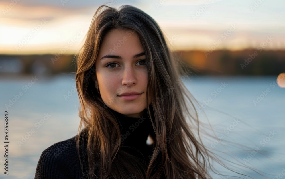 A woman with long brown hair is standing in front of a body of water. She is wearing a black sweater and has a serious expression on her face A woman with long brown hair is standing in front of a body of water. She is wearing a black sweater and has a serious expression on her face