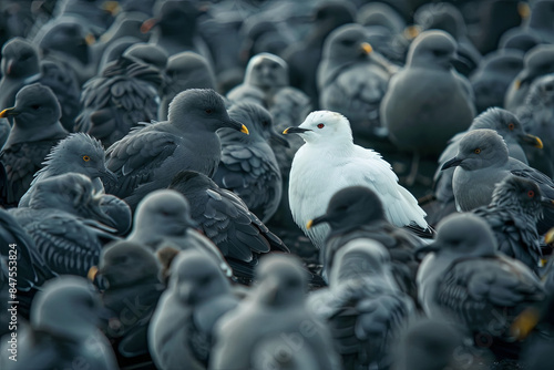 Single white bird standing out among a crowd of gray birds