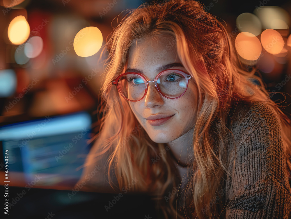 A young female student wearing glasses looks carefully at the computer screen. A young female student wearing glasses looks carefully at the computer screen.
