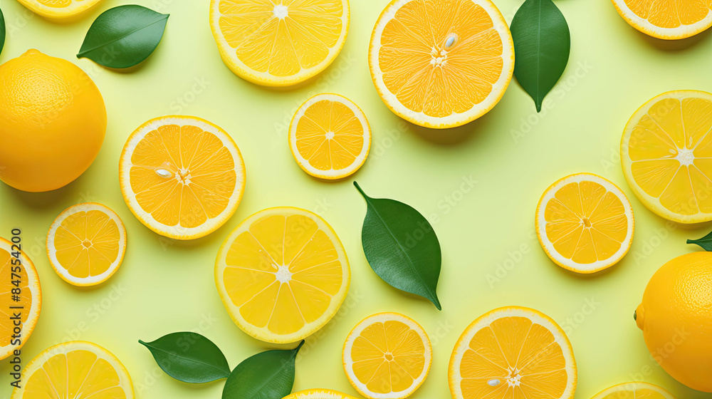 A collection of fresh citrus fruits like oranges and lemons on bright green background A collection of fresh citrus fruits like oranges and lemons on bright green background