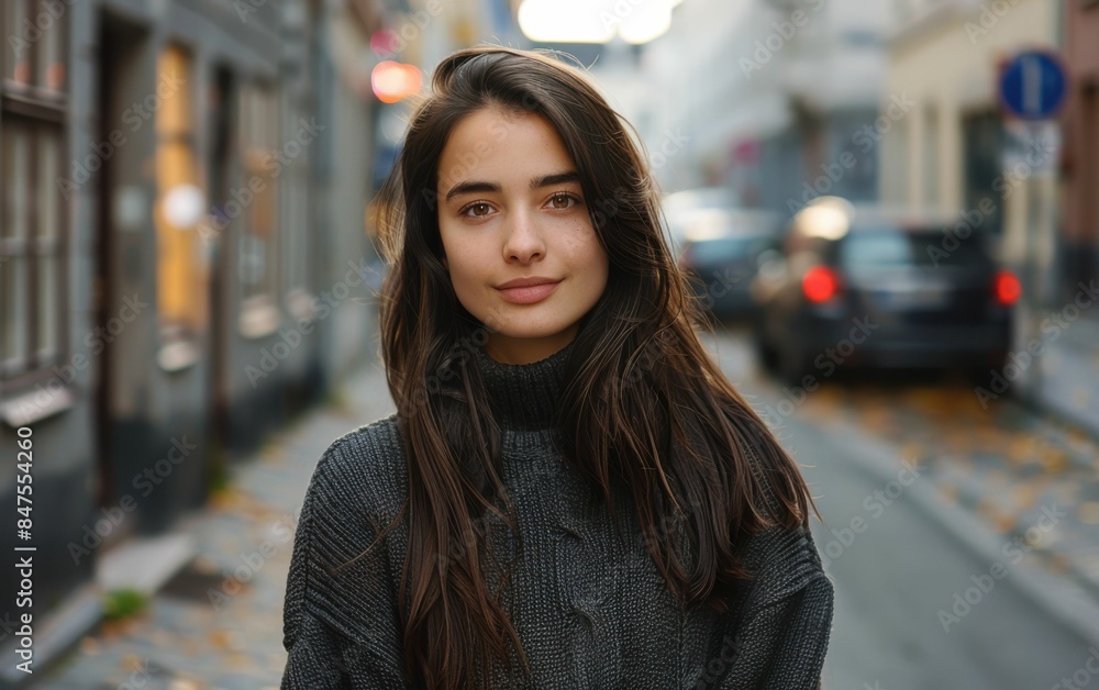 A woman with long brown hair is standing on a city street. She is wearing a black sweater and smiling. The street is lined with buildings and cars are parked along the side A woman with long brown hair is standing on a city street. She is wearing a black sweater and smiling. The street is lined with buildings and cars are parked along the side