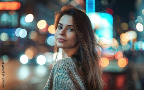 A woman with long brown hair is standing in front of a city street at night. She is smiling and looking at the camera. The scene has a warm and inviting mood, with the city lights © imagineRbc