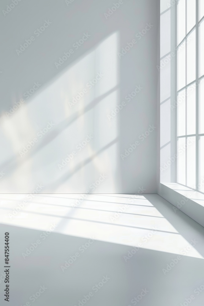 Fototapeta premium Minimalistic white room with sunlight through window for product presentation
