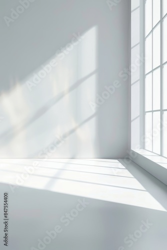 Minimalistic white room with sunlight through window for product presentation