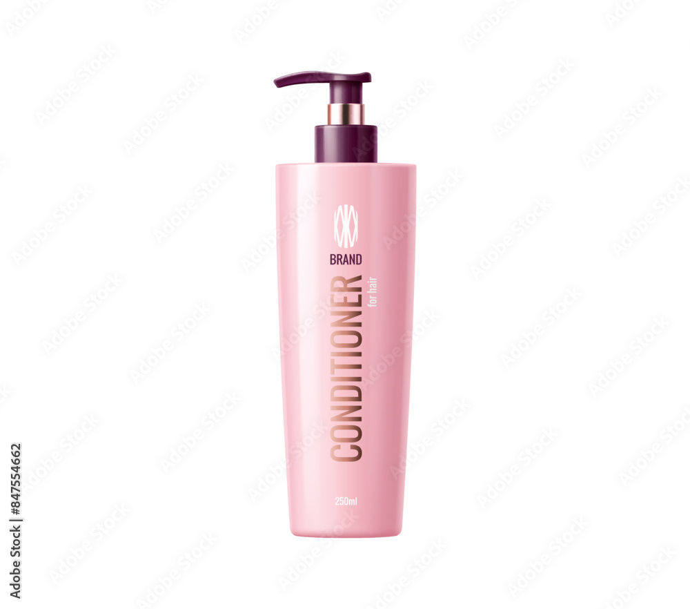 Hair conditioner pink package. Cosmetic product template. Isolated realistic 3d vector mockup of pump bottle. Hair conditioning product line provides moisturizing, smoothing, and nourishing benefits Hair conditioner pink package. Cosmetic product template. Isolated realistic 3d vector mockup of pump bottle. Hair conditioning product line provides moisturizing, smoothing, and nourishing benefits