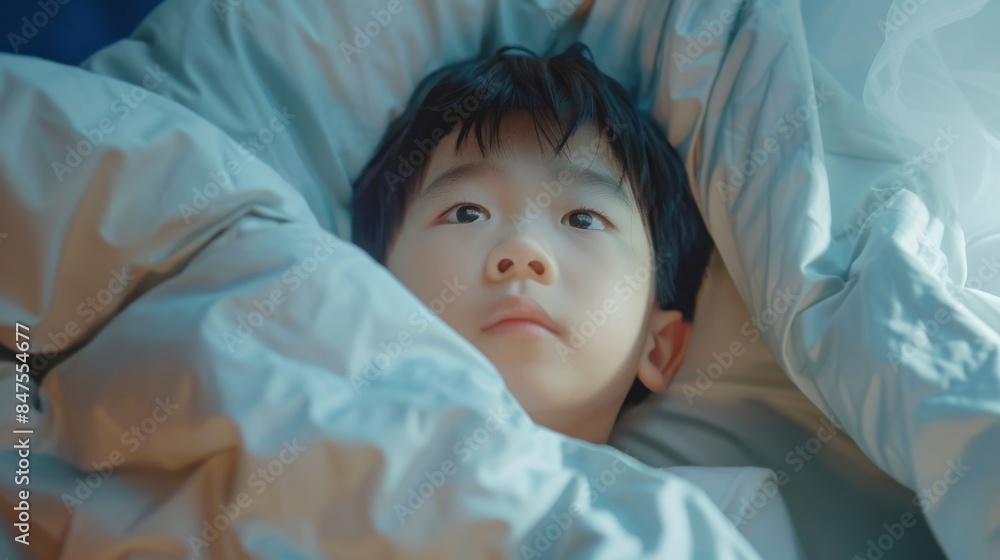 Asian kid boy waking up in the morning Asian kid boy waking up in the morning