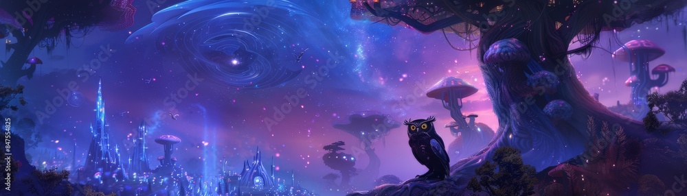 Naklejka premium Surreal fantasy landscape with glowing purple hues, featuring a mysterious owl and peculiar trees under a starry sky.