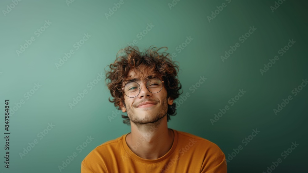 A man with curly hair and glasses is smiling at the camera. He is wearing a yellow shirt and he is happy A man with curly hair and glasses is smiling at the camera. He is wearing a yellow shirt and he is happy