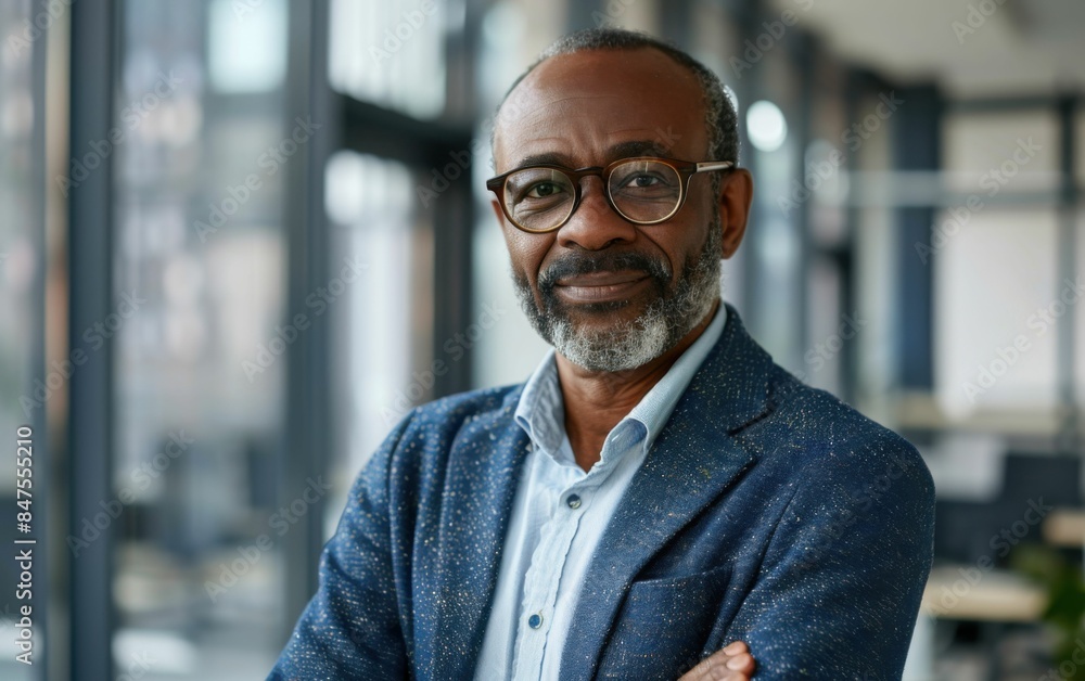 A man in a blue jacket and glasses is smiling for the camera. He is confident and comfortable in his appearance A man in a blue jacket and glasses is smiling for the camera. He is confident and comfortable in his appearance
