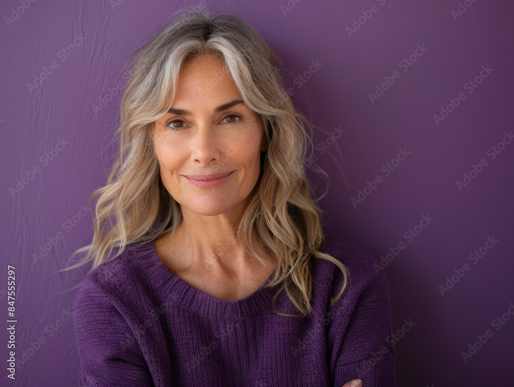 A woman with long hair is smiling and wearing a purple sweater. She is posing for a photo in front of a purple wall A woman with long hair is smiling and wearing a purple sweater. She is posing for a photo in front of a purple wall