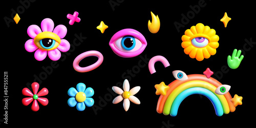 A collection whimsical of colorful 3D vector icons on a black background featuring eyes, flowers bud, a rainbow, stars,line,alien hand.