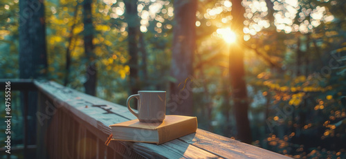 A Book, a Cup of Coffee, and Golden Sunlight in the Fall photo