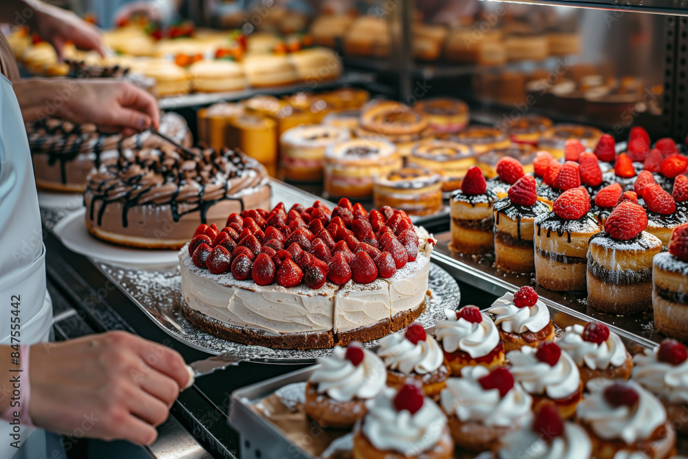 A baker selects fresh strawberry cake from a bakery display case A baker selects fresh strawberry cake from a bakery display case