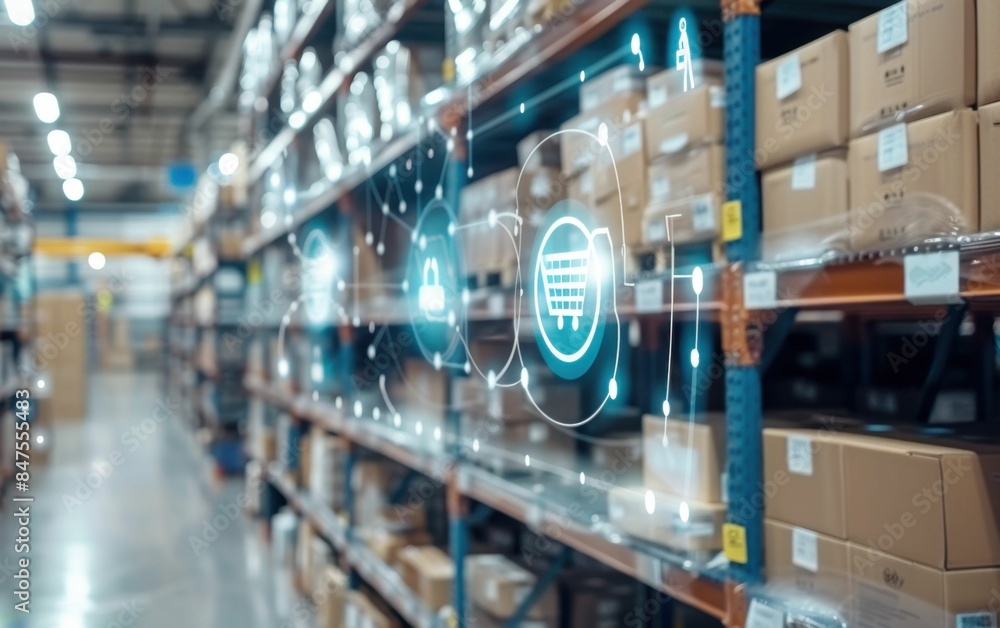 A warehouse with a computer screen showing a 3D image of a shopping cart. The image is meant to represent the idea of a busy shopping environment A warehouse with a computer screen showing a 3D image of a shopping cart. The image is meant to represent the idea of a busy shopping environment