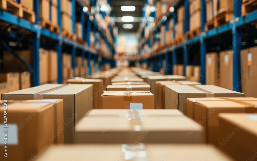 A warehouse full of boxes stacked on top of each other. The boxes are all brown and have white tape on them A warehouse full of boxes stacked on top of each other. The boxes are all brown and have white tape on them