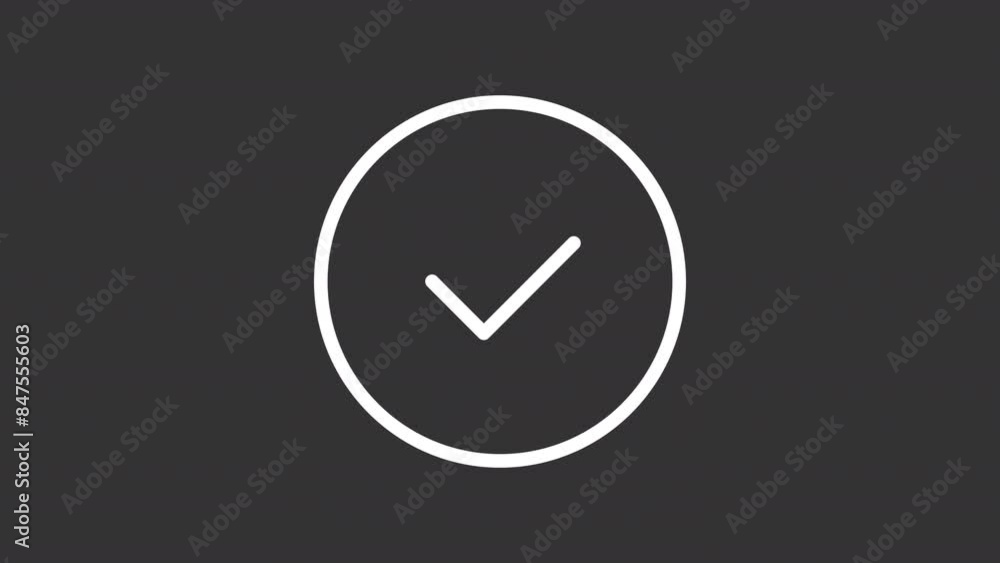 Time clock white line animation. Chronometer animated icon. Approved checkmark showing up. Success confirm. Isolated illustration on dark background. Transition alpha video. Motion graphic Time clock white line animation. Chronometer animated icon. Approved checkmark showing up. Success confirm. Isolated illustration on dark background. Transition alpha video. Motion graphic