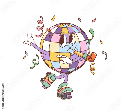 Retro groovy party disco ball character. Isolated cartoon vector funky discoball with roller skates, party horn and confetti celebrating with joyful expression capturing fun and energy of disco dance