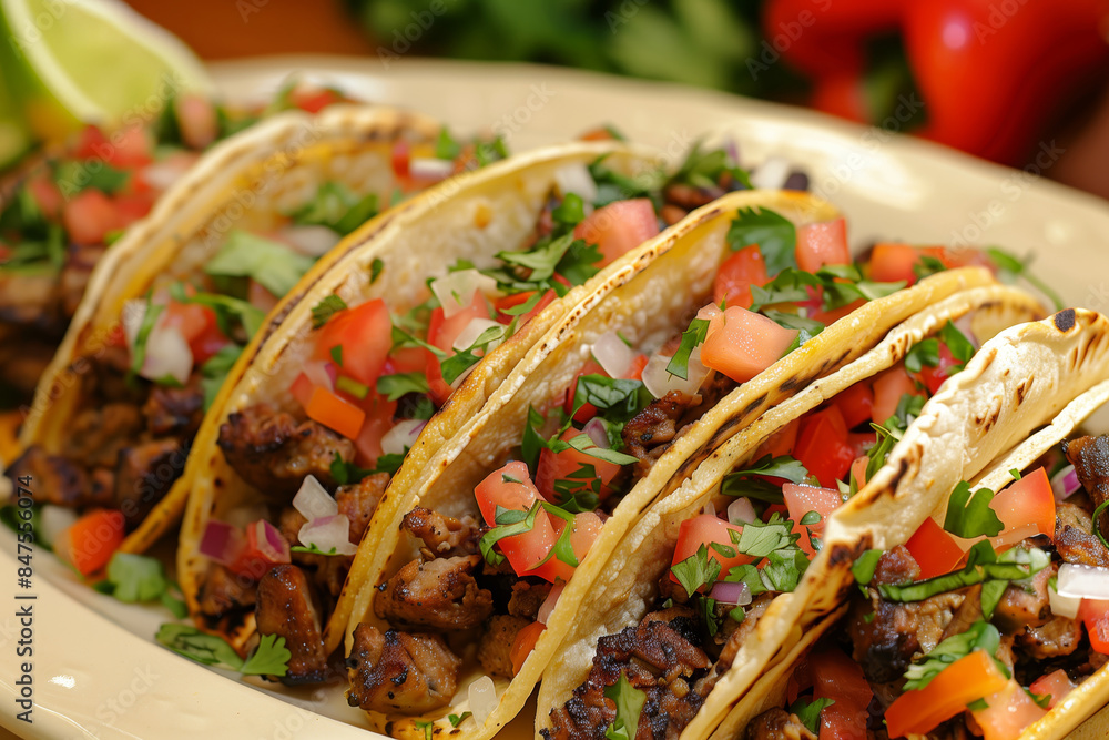 Close up of four delicious tacos with toppings Close up of four delicious tacos with toppings