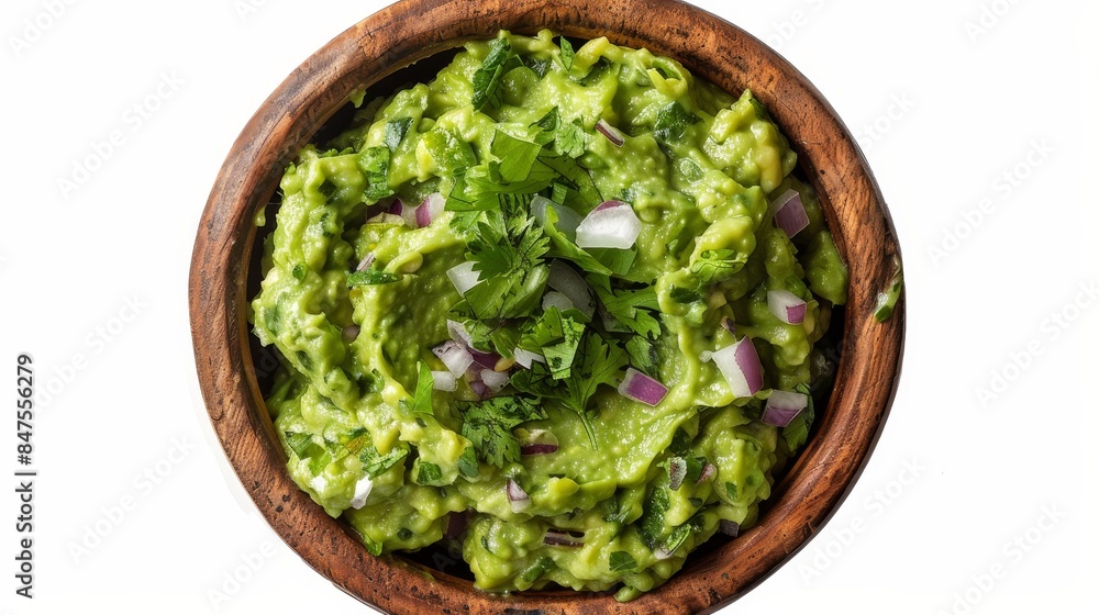 Guacamole close-up from above, rich green texture with herbs and onions mixed, served in a traditional bowl, isolated on a plain white background Guacamole close-up from above, rich green texture with herbs and onions mixed, served in a traditional bowl, isolated on a plain white background