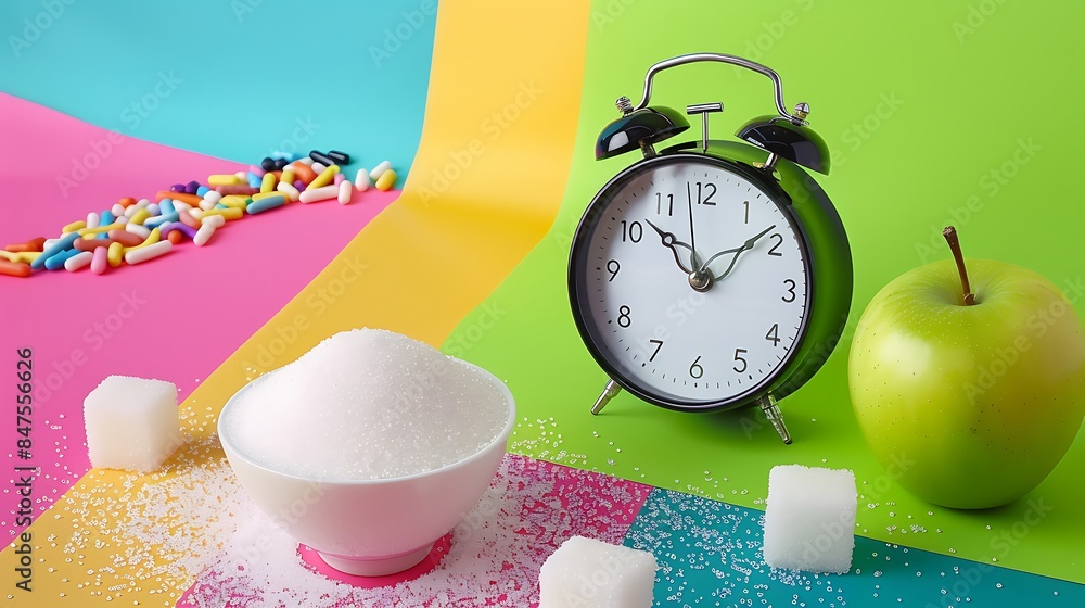 Alarm clock with a green apple and a bowl of sugar sprinkles isolated on colorful background Alarm clock with a green apple and a bowl of sugar sprinkles isolated on colorful background