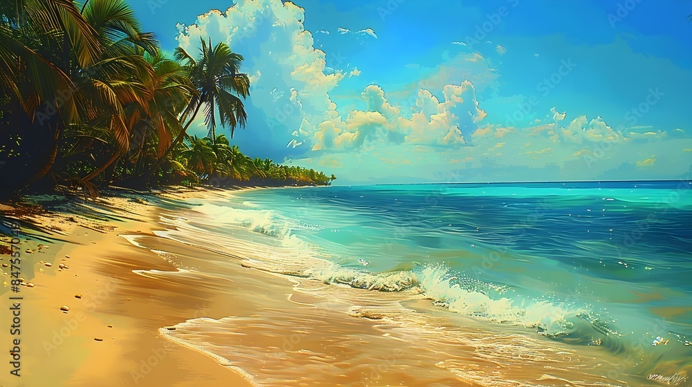 Fototapeta premium Tranquil Tropical Beach Oasis with Swaying Palm Trees and Crystal Clear Waters