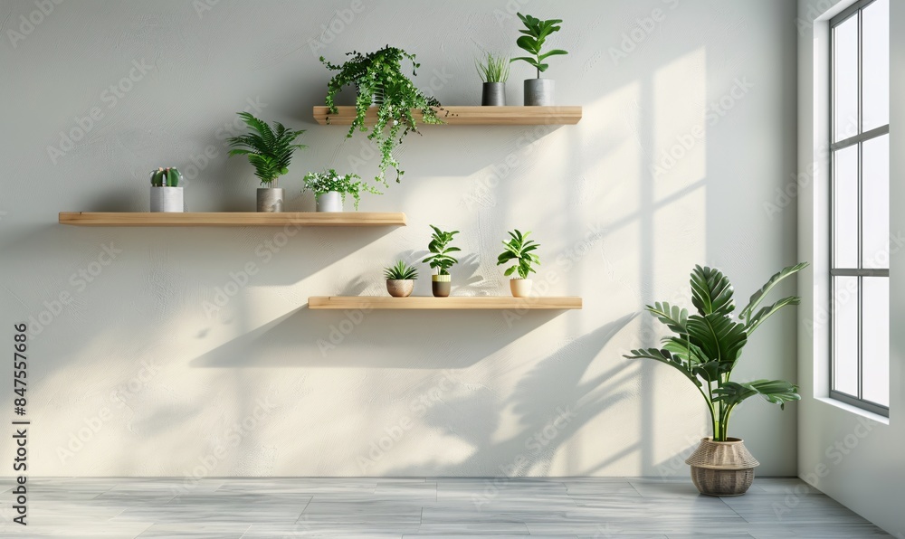 Brightly lit room with a white wall, featuring floating wooden shelves adorned with small house plants, minimalist design. Brightly lit room with a white wall, featuring floating wooden shelves adorned with small house plants, minimalist design.