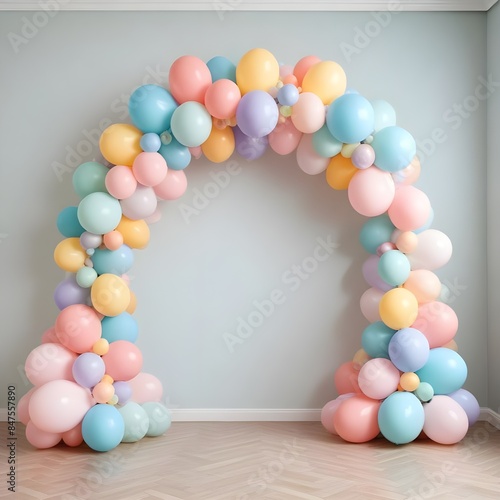 Pastel multicolour balloon arch decoration with pastel backgrounds