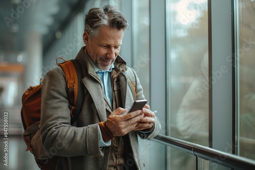 Businessman Using Smartphone While Walking Through Airport Corridor