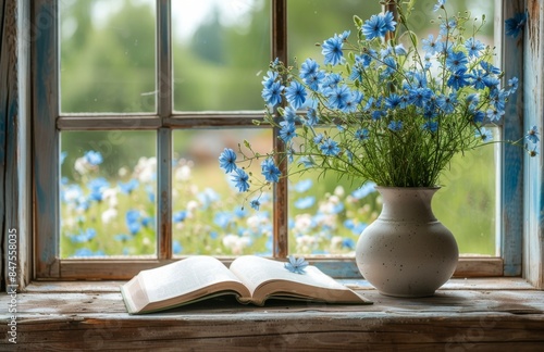 Open Book and Blue Flowers on Windowsill With Green View