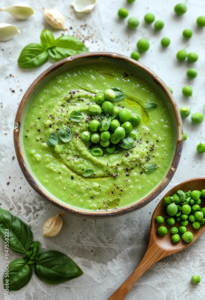 Creamy Green Pea Soup With Basil and Pepper Garnish Creamy Green Pea Soup With Basil and Pepper Garnish