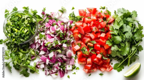 Fresh salsa ingredients finely chopped and mixed, top view on an isolated white background, with perfect studio lighting