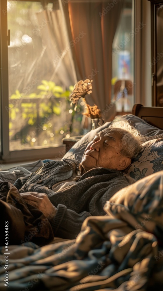 Asian old man waking up in the morning Asian old man waking up in the morning