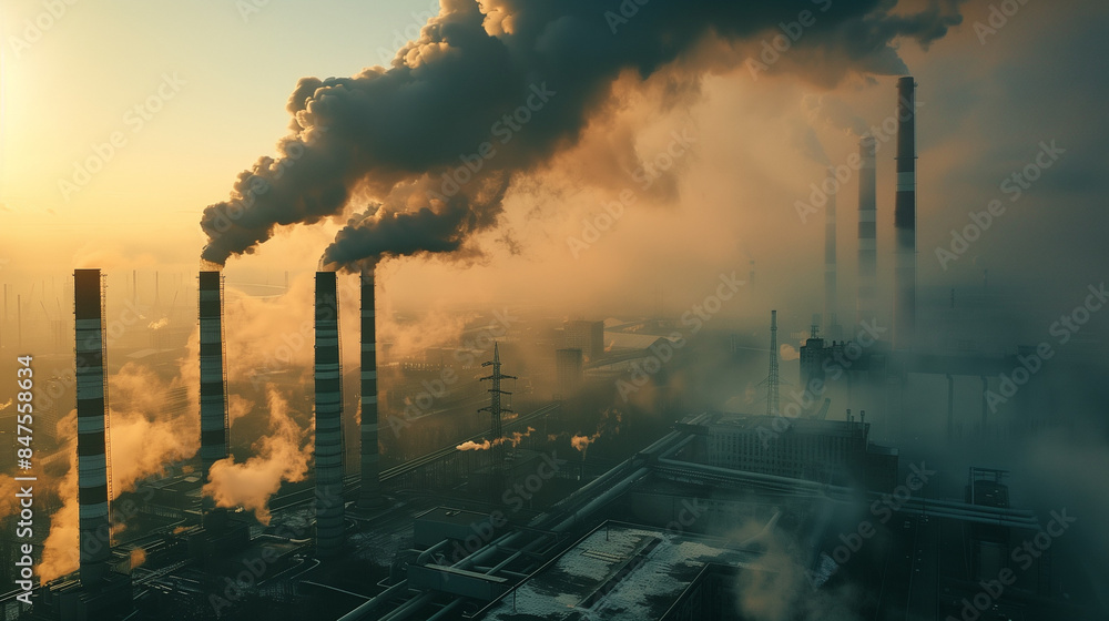 Industrial Impact: Coal Power Plant Emitting Smoke at Sunrise. A dramatic image depicting an industrial landscape at sunrise.