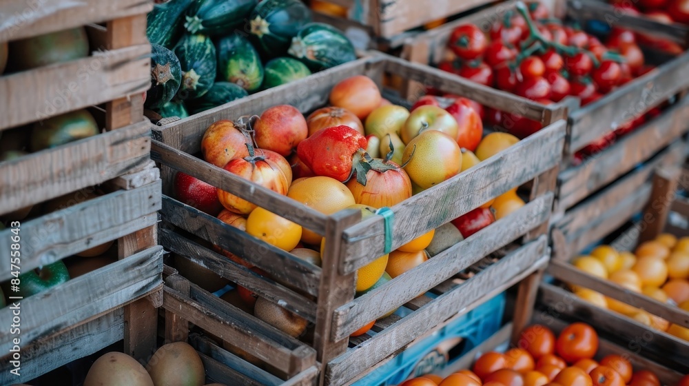 Fresh fruits and vegetables in packed wooden crates, ready for shipment, vibrant colors, natural textures, rustic market setting Fresh fruits and vegetables in packed wooden crates, ready for shipment, vibrant colors, natural textures, rustic market setting