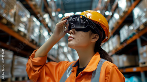 Augmented Reality Warehouse Worker. A warehouse worker in an orange uniform and hard hat uses augmented reality (AR) glasses while working in a modern warehouse environment. © paco