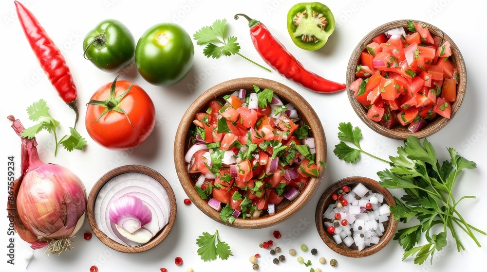 Freshly made salsa with tomatoes, onions, chilies, and cilantro, presented in a rustic bowl, top view, isolated background, studio lighting Freshly made salsa with tomatoes, onions, chilies, and cilantro, presented in a rustic bowl, top view, isolated background, studio lighting