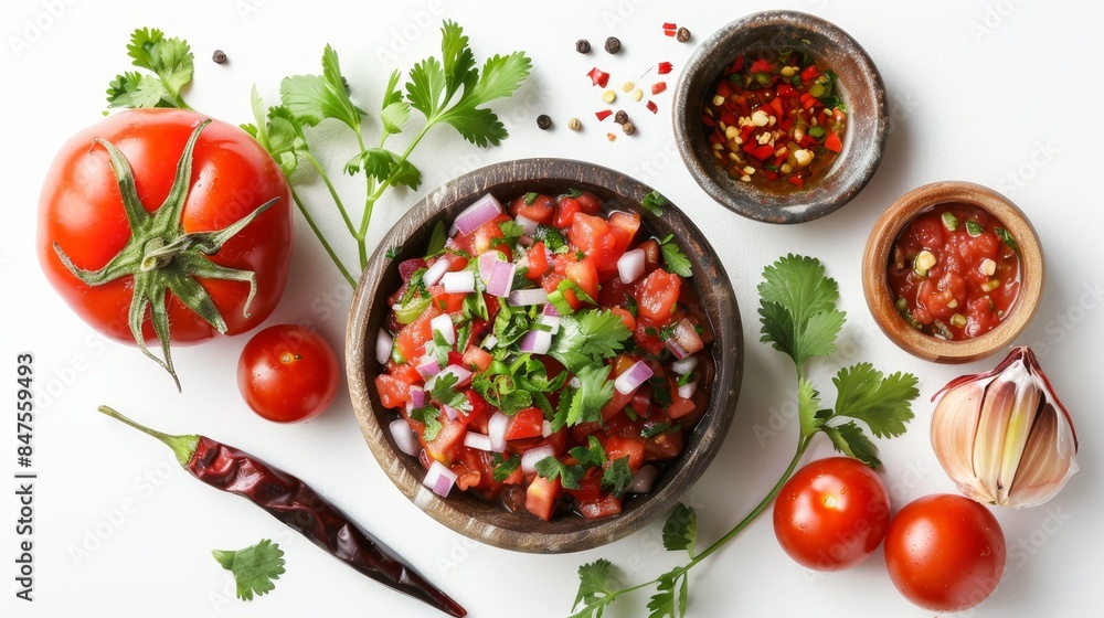Freshly cooked salsa with rich colors of tomatoes, onions, chilies, and cilantro, top view, isolated white background, studio lighting Freshly cooked salsa with rich colors of tomatoes, onions, chilies, and cilantro, top view, isolated white background, studio lighting