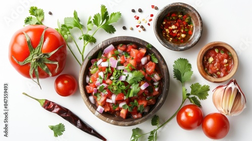 Freshly cooked salsa with rich colors of tomatoes, onions, chilies, and cilantro, top view, isolated white background, studio lighting