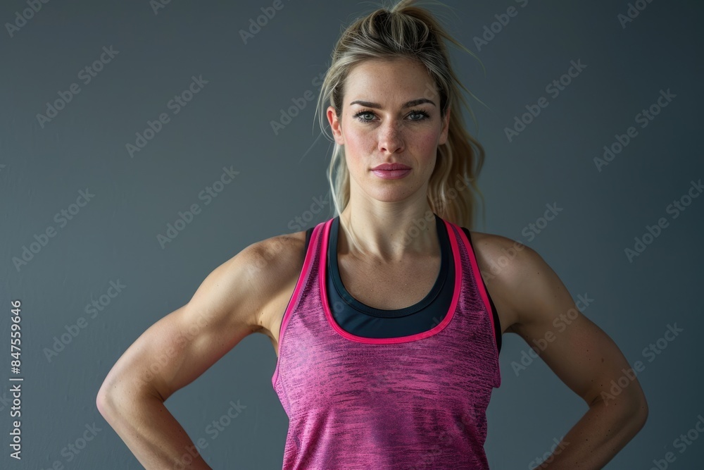 Athletic blond woman in pink and black tank top portrait. Athletic blond woman in pink and black tank top portrait.