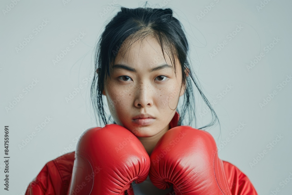 Serious Asian woman in boxing gloves portrait on white background