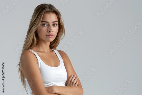 Confident young woman in white tank top on grey background. © Roshani