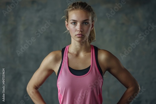 Athletic blond woman in pink and black tank top portrait.