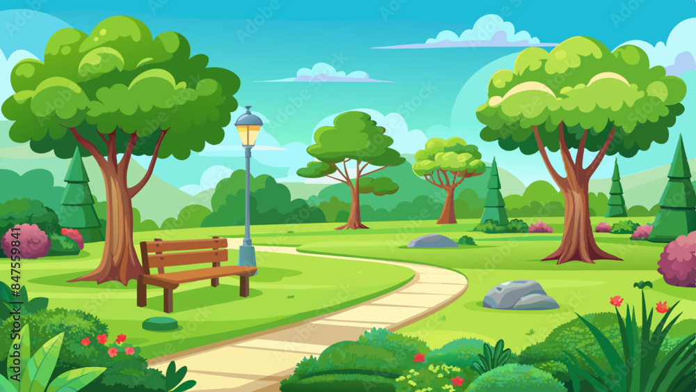 Obraz premium green lawn in the park in summer silhouette illustration